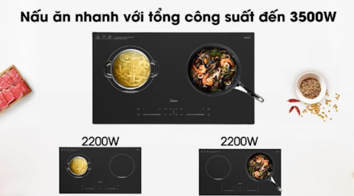 Bếp có 2 vùng nấu với công suất 3500W mạnh mẽ