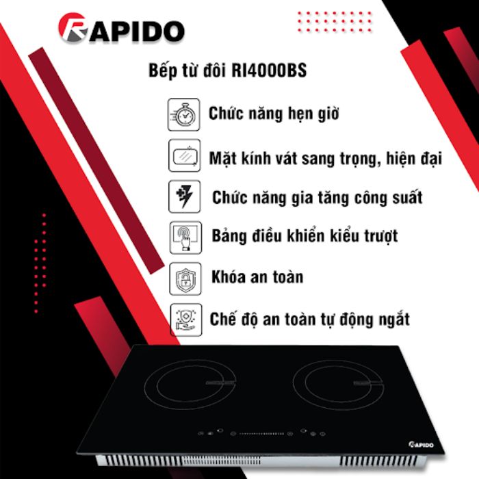 Bếp từ đôi rapido ri4000bs có nhiều tính năng thông minh hiện đại 
